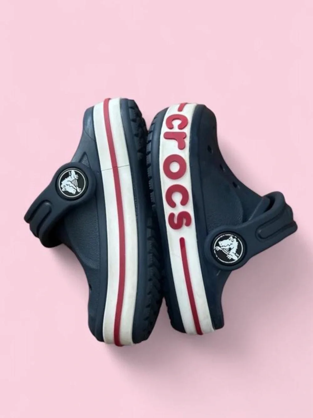 CROCS toddler Navy Clog with Red and White Stripe